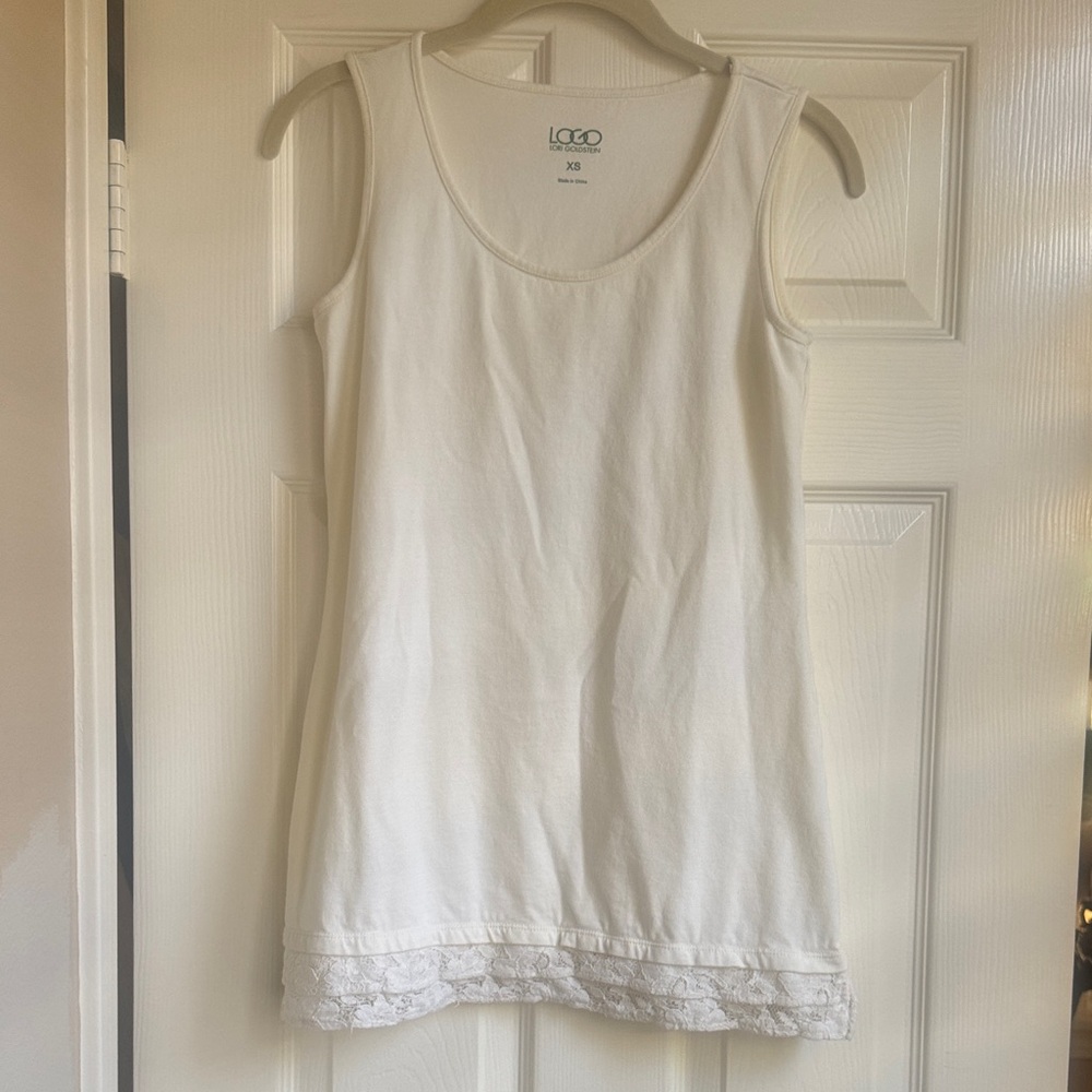 LOGO by Lori Goldstein Cream Tank Top w/Lace Trim